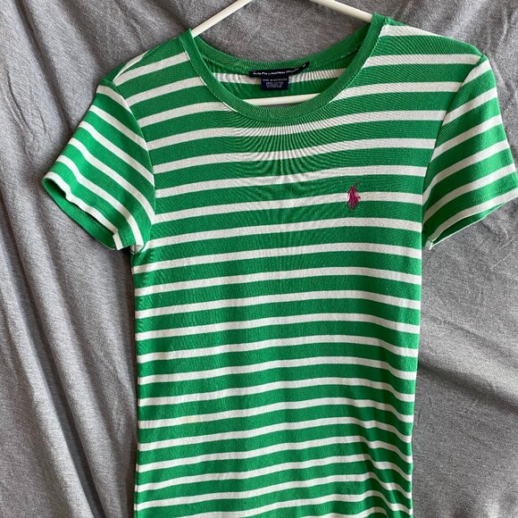 Ralph Lauren Other - Ralph Lauren Sport Shirt Womens M Green White Striped U Neck Shirt Sleeve Pony *